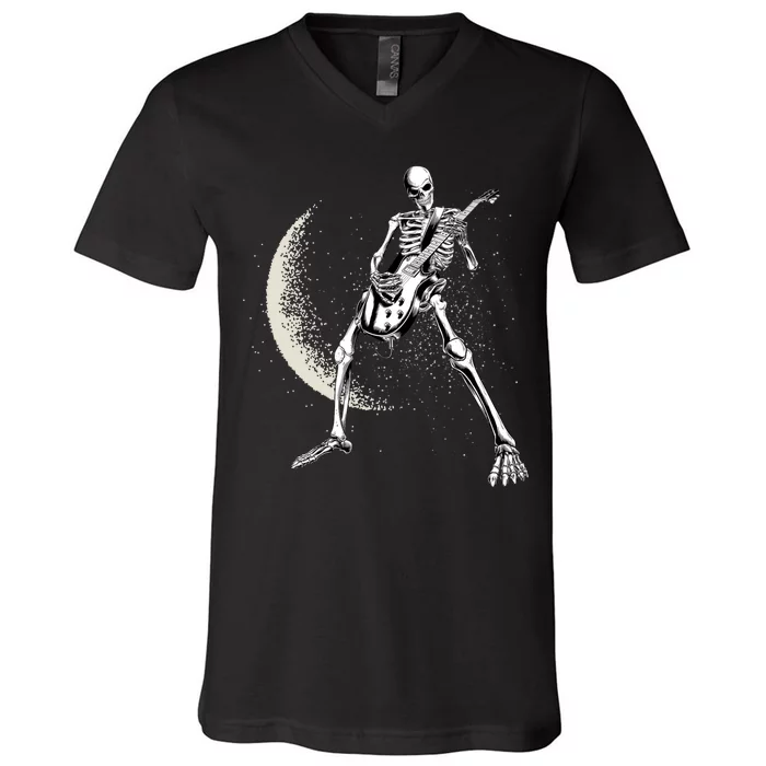 Rock And Roll Skeleton Moon Guitar V-Neck T-Shirt