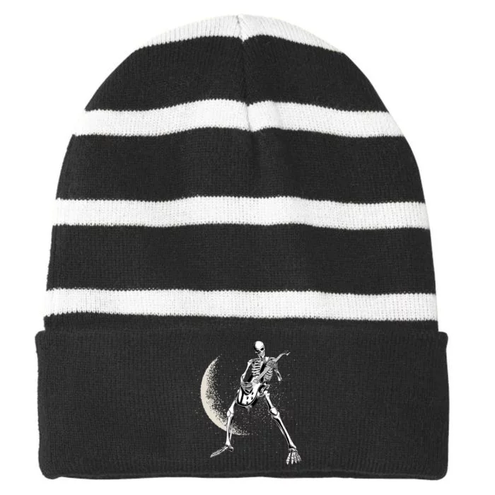 Rock And Roll Skeleton Moon Guitar Striped Beanie with Solid Band