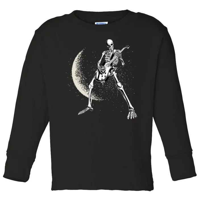 Rock And Roll Skeleton Moon Guitar Toddler Long Sleeve Shirt