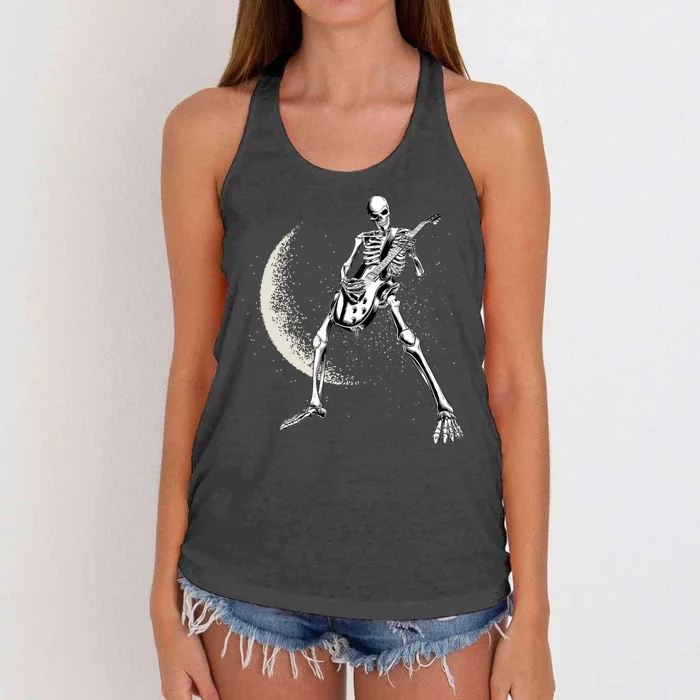 Rock And Roll Skeleton Moon Guitar Women's Knotted Racerback Tank