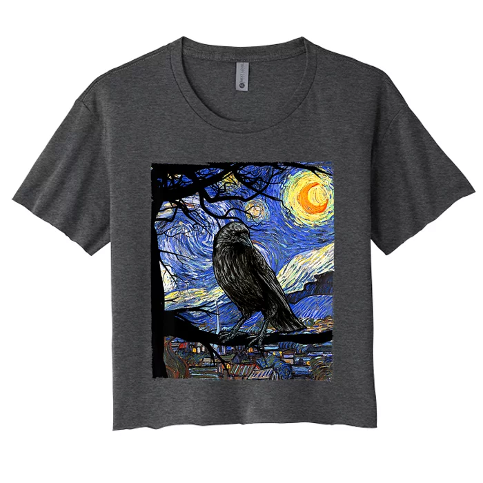 Raven Art Raven Lover Van Gogh Starry Night Crow Lover Women's Crop Top Tee