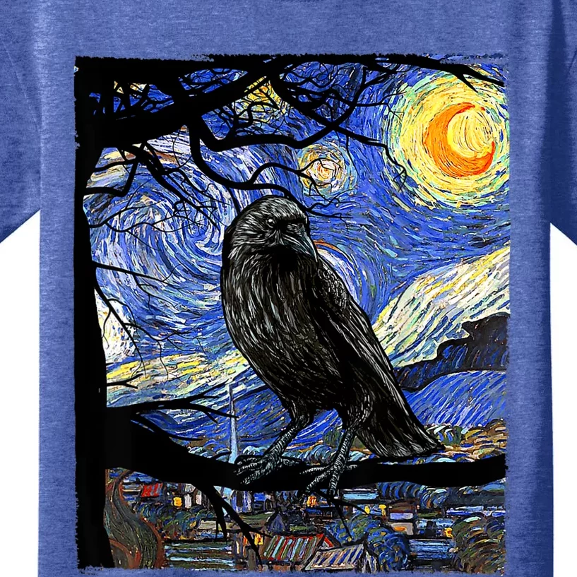 Raven Art Raven Lover Van Gogh Starry Night Crow Lover Kids T-Shirt