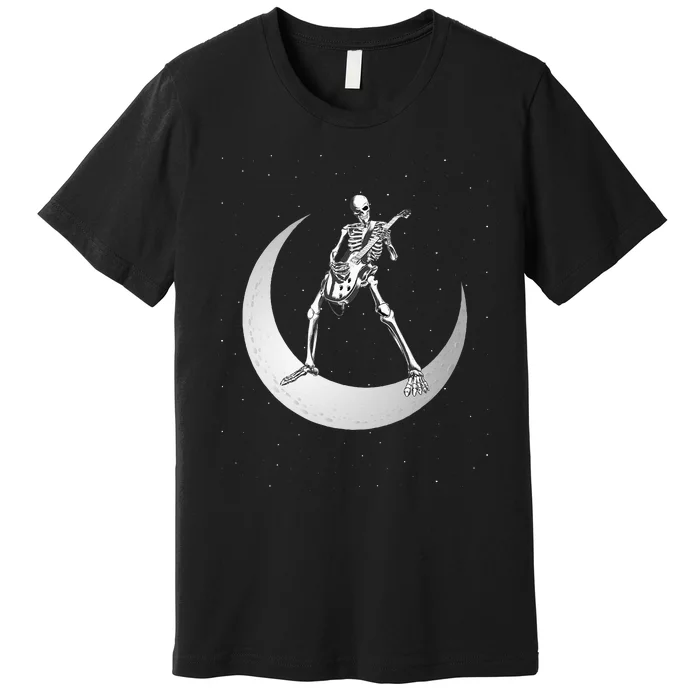 Rock And Roll Skeleton Playing Guitar Rock On Moon Halloween Premium T-Shirt