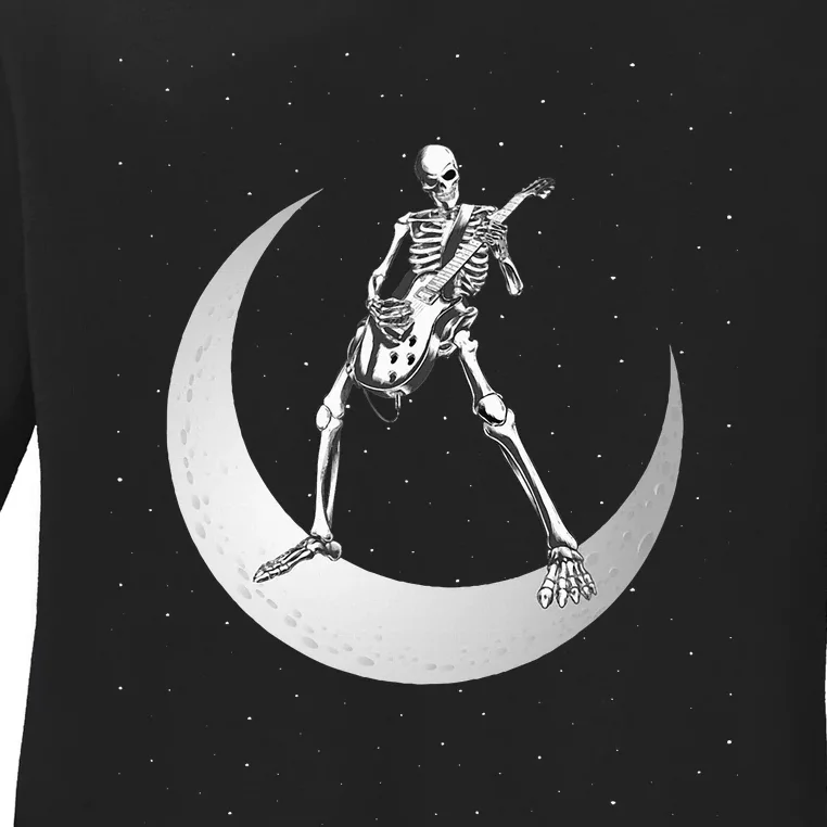 Rock And Roll Skeleton Playing Guitar Rock On Moon Halloween Ladies Long Sleeve Shirt