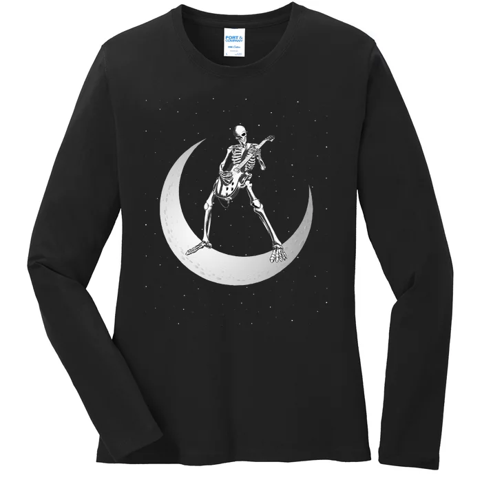 Rock And Roll Skeleton Playing Guitar Rock On Moon Halloween Ladies Long Sleeve Shirt