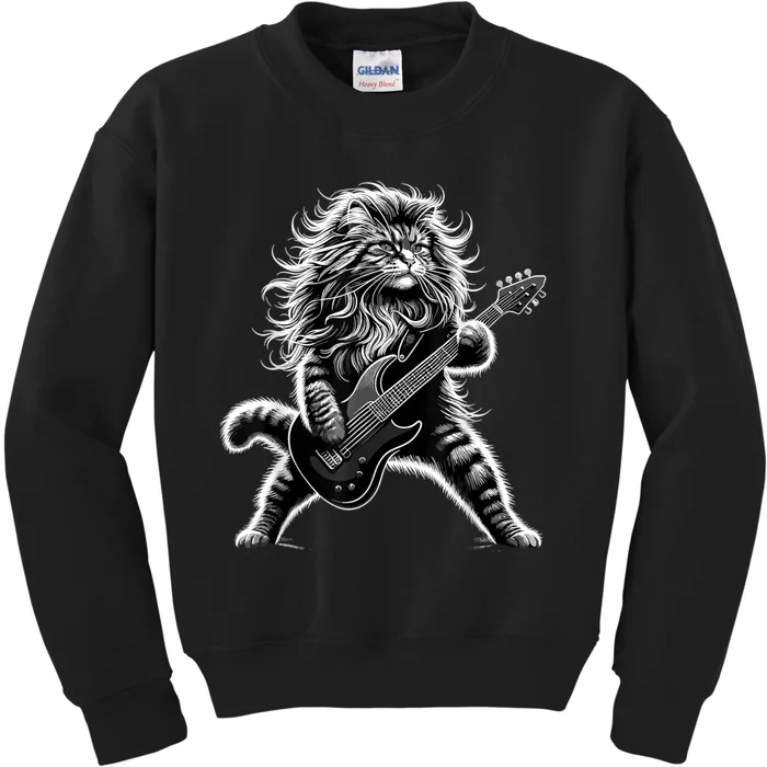 Rock And Roll Cat Playing Guitar Kids Sweatshirt