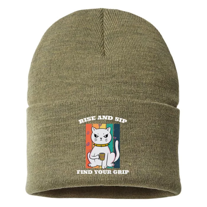 Rise And Sip Find Your Grip Funny Caffeine Coffee Sustainable Knit Beanie