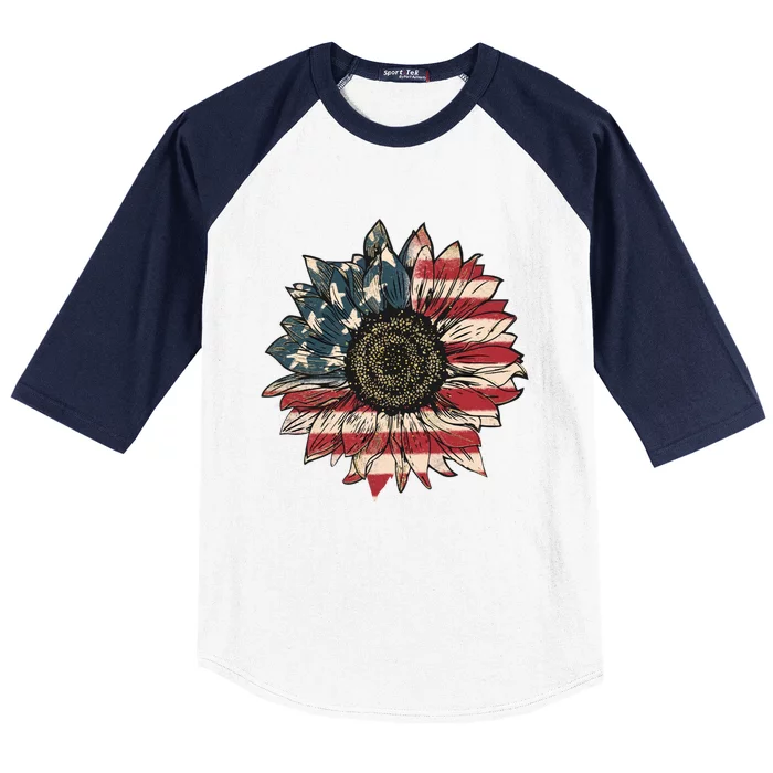 Retro America Sunflower Us Flag 4th Of July Independence Day Meaningful Gift Baseball Sleeve Shirt