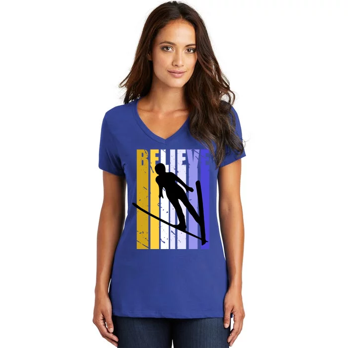 Retro Alpine Ski Jumping Jumper Female Competition Vintage Gift Women's V-Neck T-Shirt