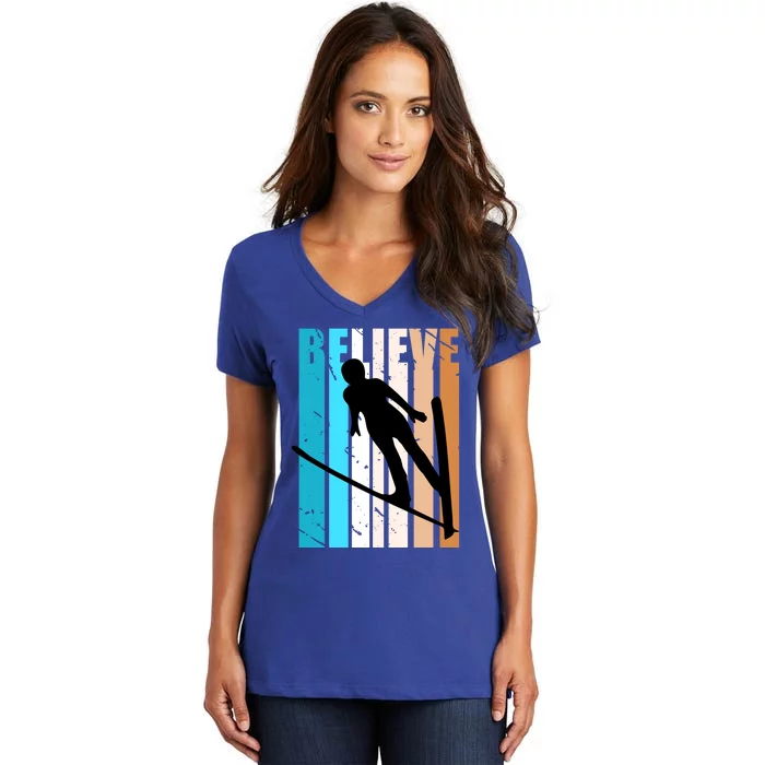 Retro Alpine Ski Jumping Jumper Female Competition Vintage Gift Women's V-Neck T-Shirt