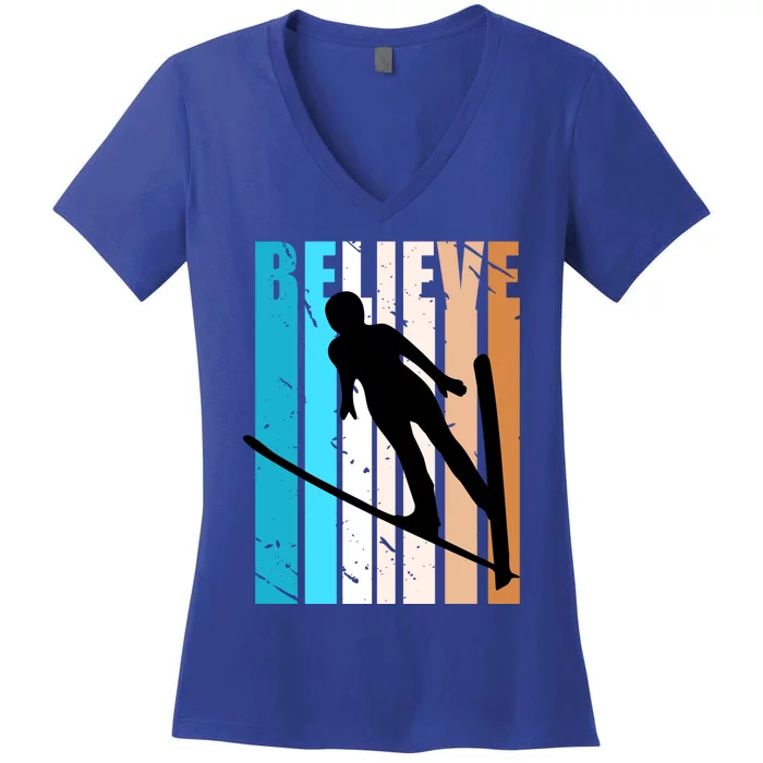 Retro Alpine Ski Jumping Jumper Female Competition Vintage Gift Women's V-Neck T-Shirt