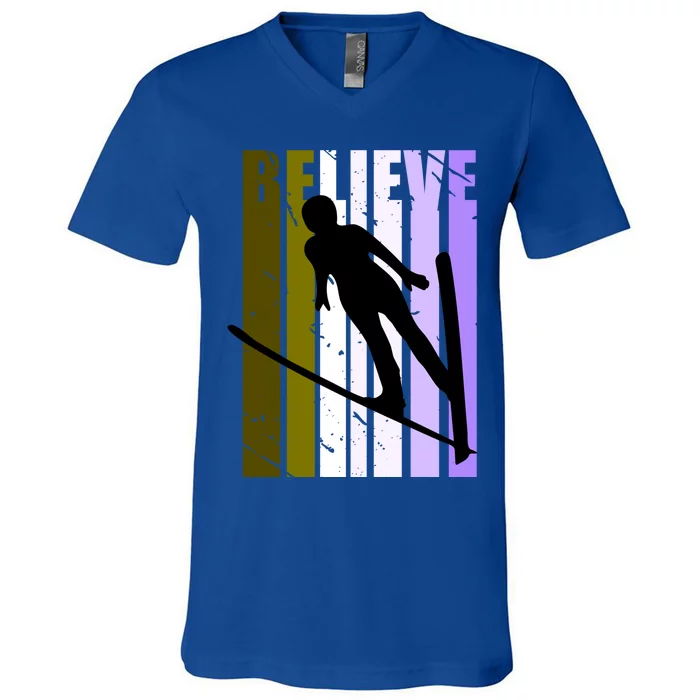 Retro Alpine Ski Jumping Jumper Female Competition Vintage Gift V-Neck T-Shirt