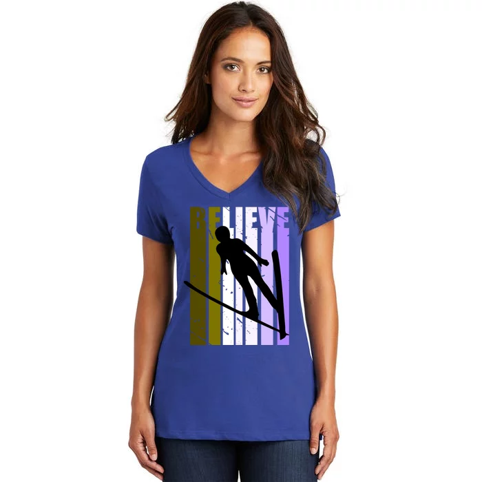 Retro Alpine Ski Jumping Jumper Female Competition Vintage Gift Women's V-Neck T-Shirt