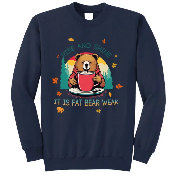 Rise And Shine Fat Bear Week Cute Bear Drinking Coffee Groggy Bear Retro Sunset Tall Sweatshirt