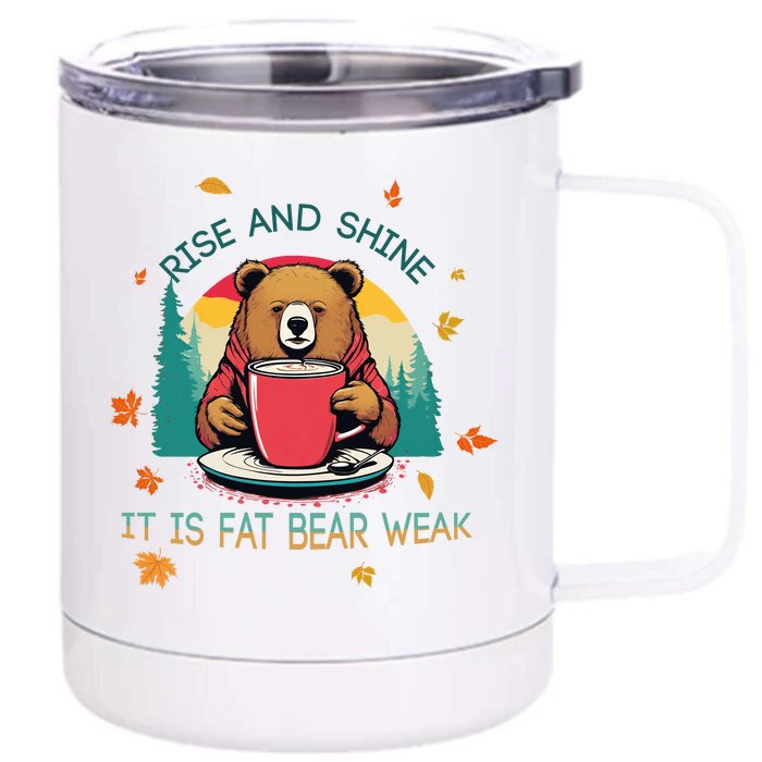 Rise And Shine Fat Bear Week Cute Bear Drinking Coffee Groggy Bear Retro Sunset Front & Back 12oz Stainless Steel Tumbler Cup