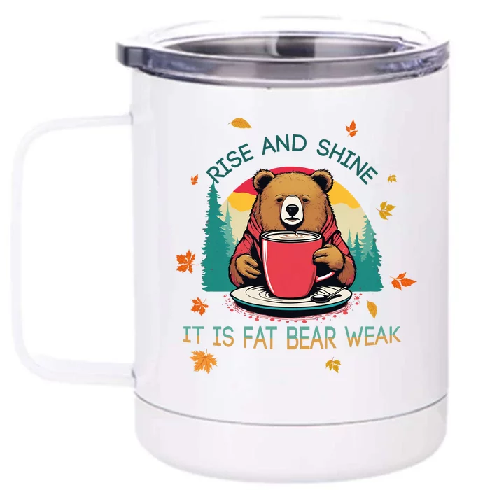 Rise And Shine Fat Bear Week Cute Bear Drinking Coffee Groggy Bear Retro Sunset Front & Back 12oz Stainless Steel Tumbler Cup