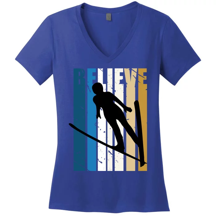 Retro Alpine Ski Jumping Jumper Female Competition Vintage Gift Women's V-Neck T-Shirt