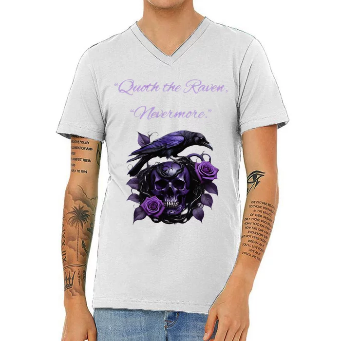 Raven And Skull With Roses Quoth The Raven V-Neck T-Shirt