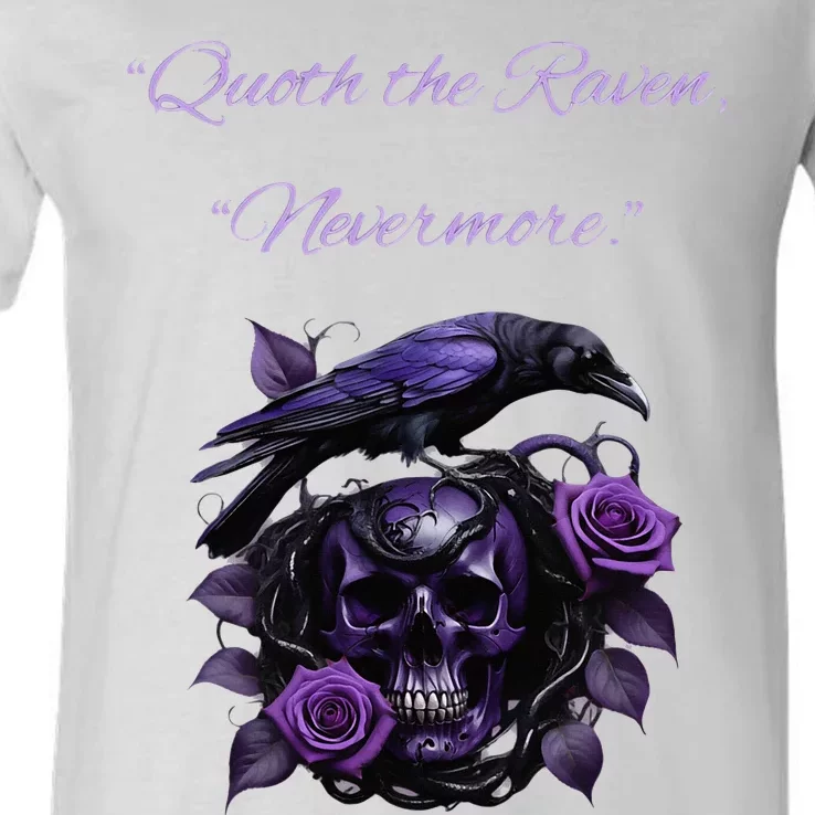 Raven And Skull With Roses Quoth The Raven V-Neck T-Shirt