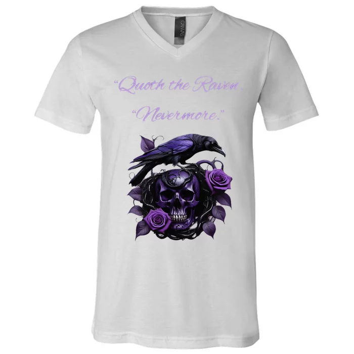 Raven And Skull With Roses Quoth The Raven V-Neck T-Shirt