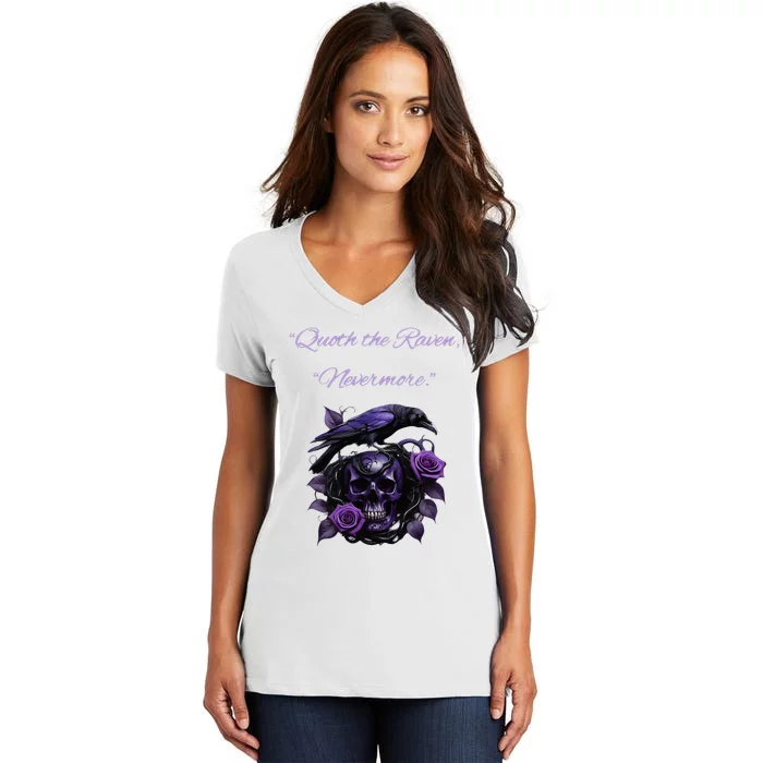 Raven And Skull With Roses Quoth The Raven Women's V-Neck T-Shirt