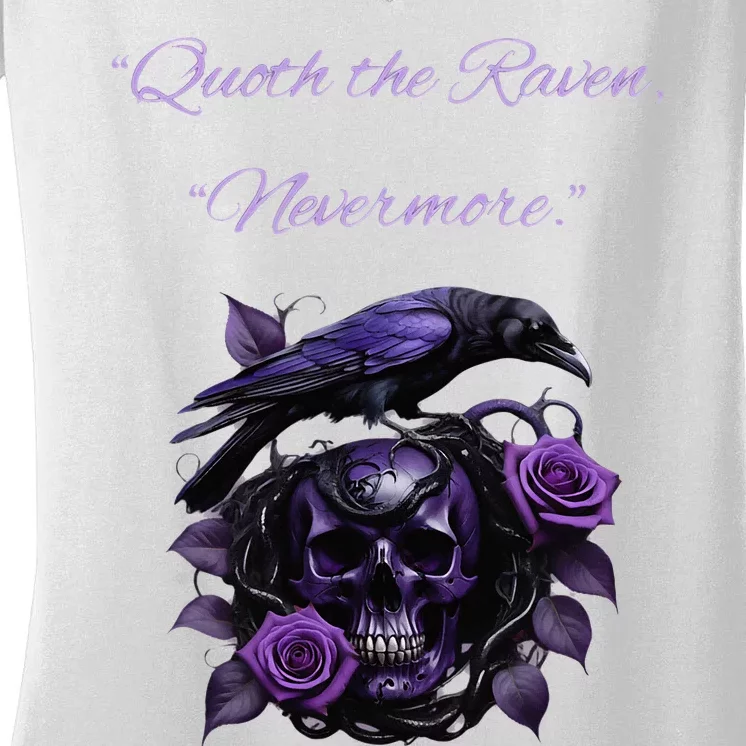 Raven And Skull With Roses Quoth The Raven Women's V-Neck T-Shirt