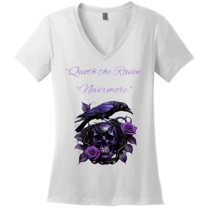 Raven And Skull With Roses Quoth The Raven Women's V-Neck T-Shirt