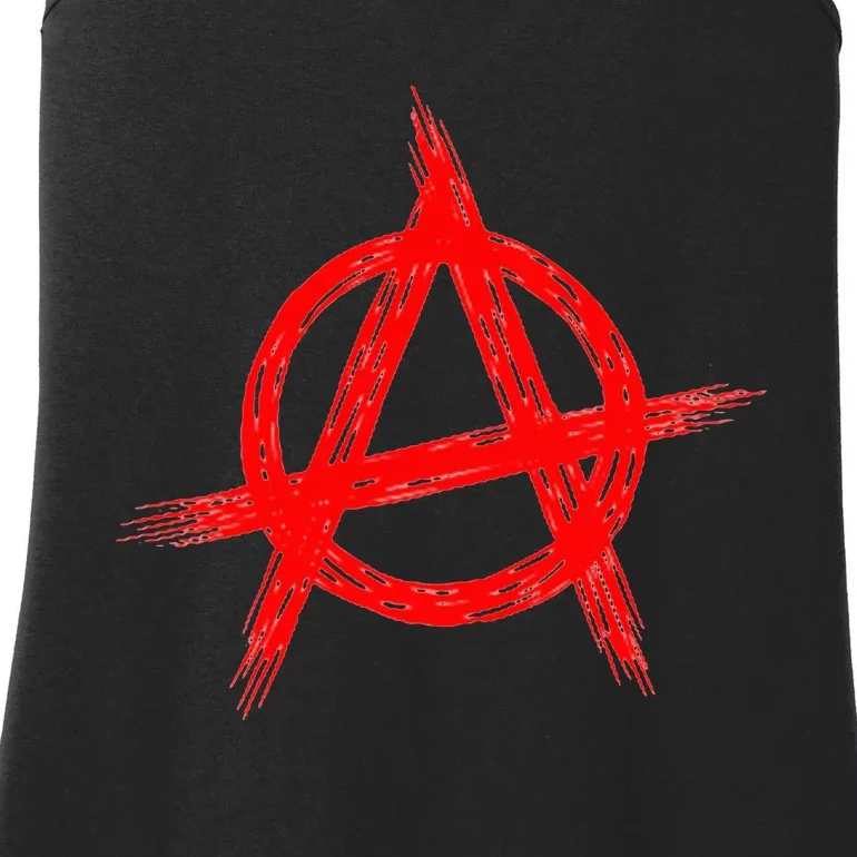 Red Anarchist Symbol Distressed Political Anarchy Rock Star Ladies Essential Tank