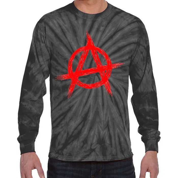 Red Anarchist Symbol Distressed Political Anarchy Rock Star Tie-Dye Long Sleeve Shirt