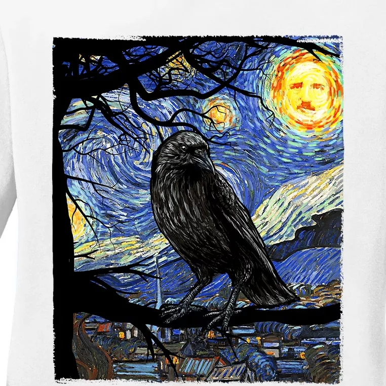 Raven Art Starry Night Edgar Allan Poe Raven Poe Ladies Long Sleeve Shirt