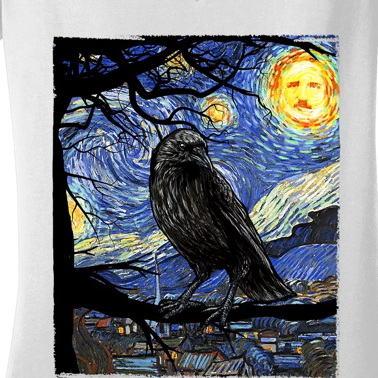 Raven Art Starry Night Edgar Allan Poe Raven Poe Women's V-Neck T-Shirt