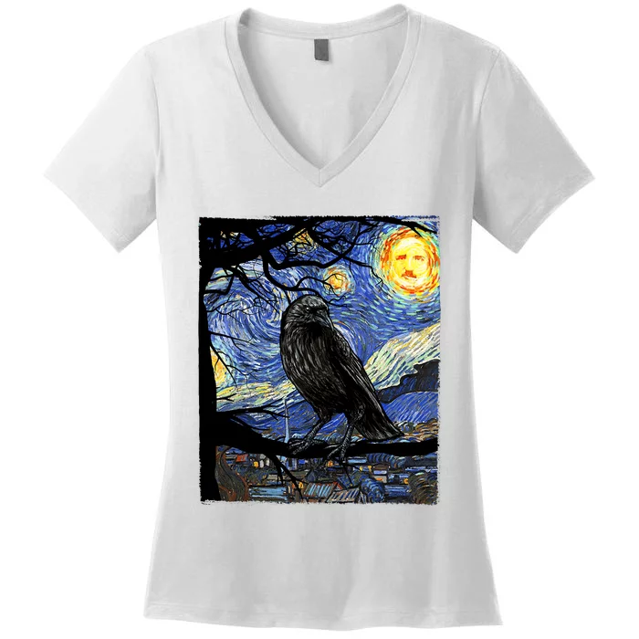 Raven Art Starry Night Edgar Allan Poe Raven Poe Women's V-Neck T-Shirt