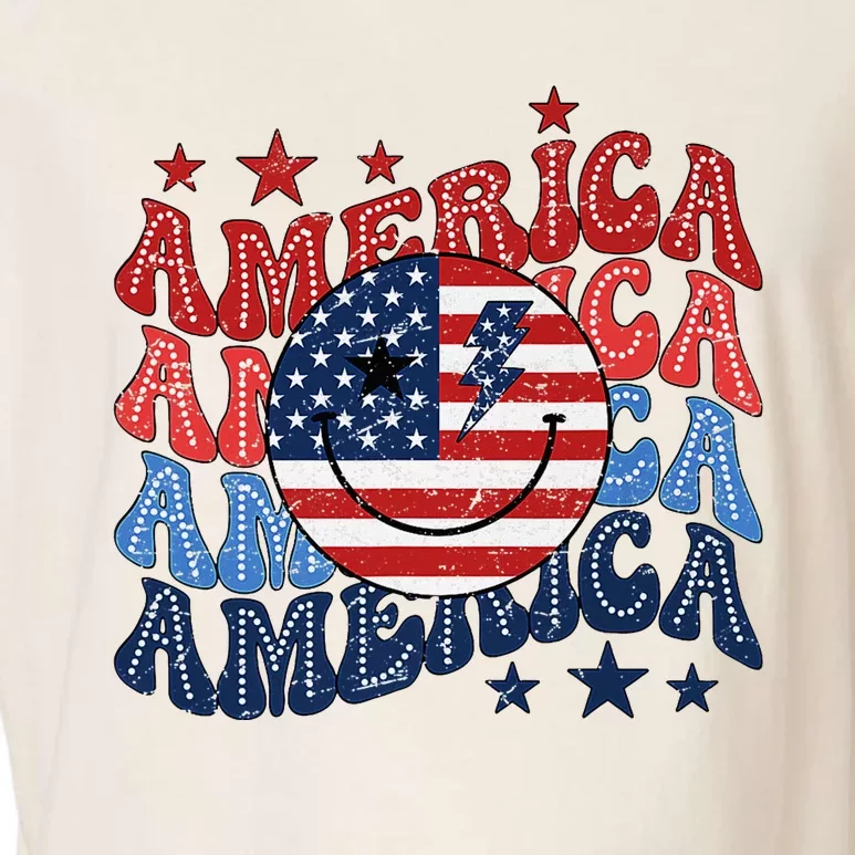 Retro America Smile Face Patriotic 4th Of July Design Garment-Dyed Women's Muscle Tee