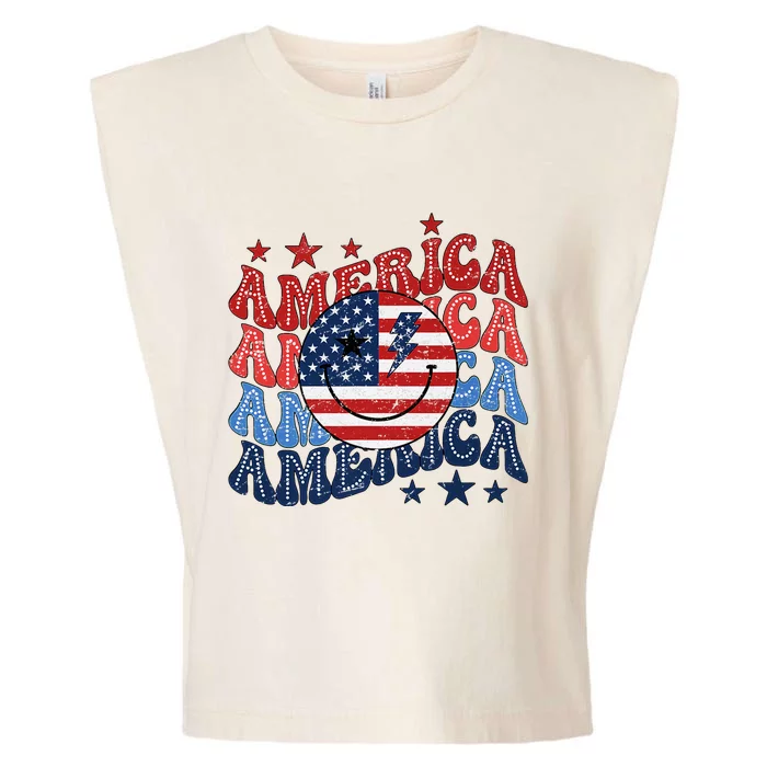 Retro America Smile Face Patriotic 4th Of July Design Garment-Dyed Women's Muscle Tee