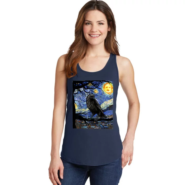 Raven Art Starry Night With Edgar Allan Poe Raven Poe Ladies Essential Tank