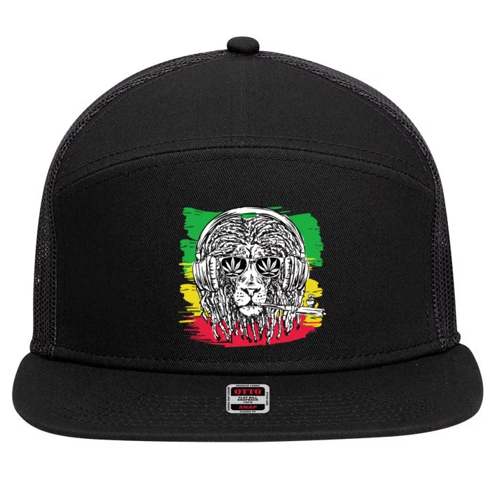 Rasta Lion With Glasses Smoking A Joint 7 Panel Mesh Trucker Snapback Hat