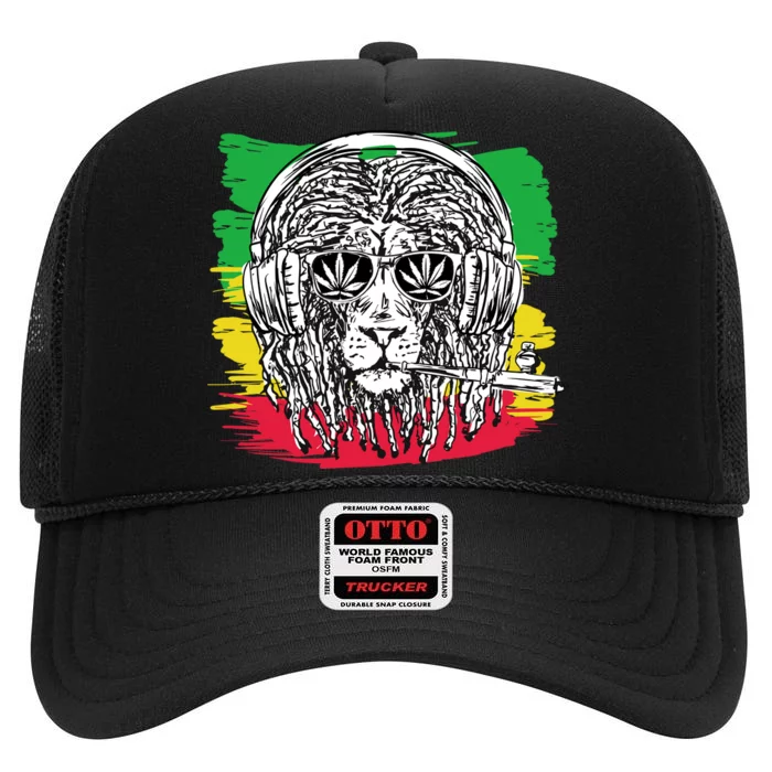 Rasta Lion With Glasses Smoking A Joint High Crown Mesh Trucker Hat