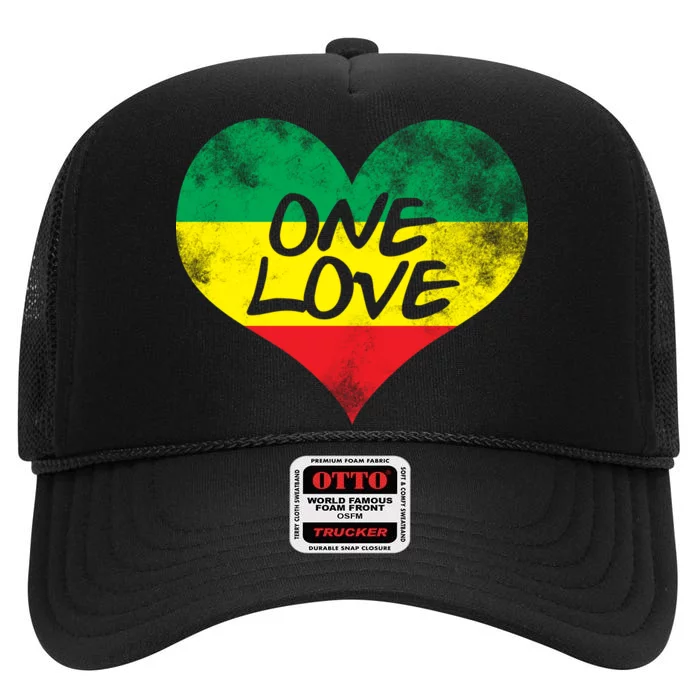 Rastafari One Love Vintage Jamaican Heart High Crown Mesh Trucker Hat