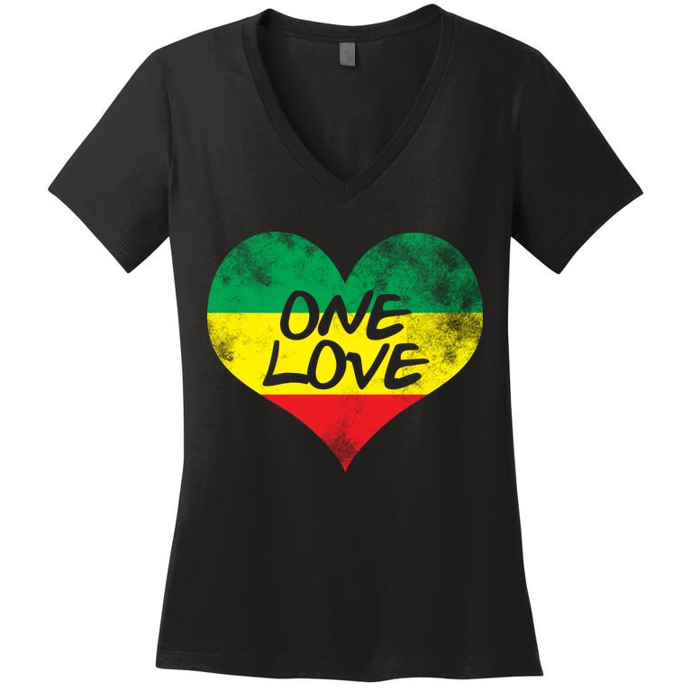 Rastafari One Love Vintage Jamaican Heart Women's V-Neck T-Shirt