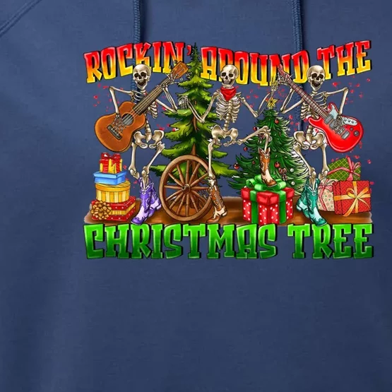 Rockin Around The Christmas Tree Skeleton Play Guitar Xmas Gift Performance Fleece Hoodie