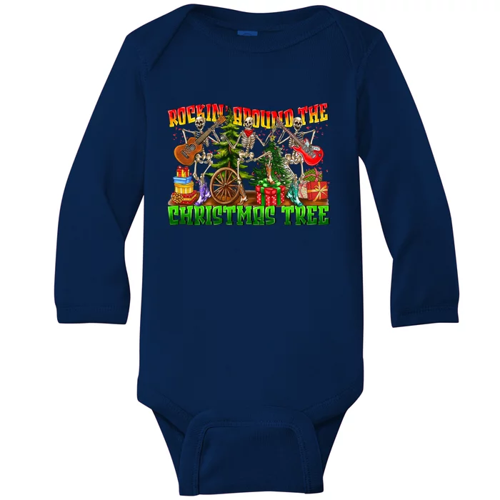 Rockin Around The Christmas Tree Skeleton Play Guitar Xmas Gift Baby Long Sleeve Bodysuit