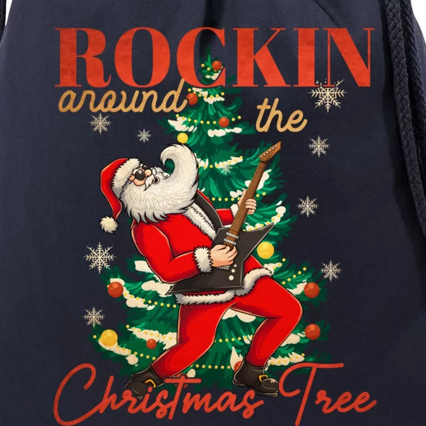 Rocking Around The Christmas Tree Santa Rock And Roll Guitar Great Gift Drawstring Bag