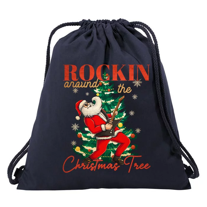 Rocking Around The Christmas Tree Santa Rock And Roll Guitar Great Gift Drawstring Bag