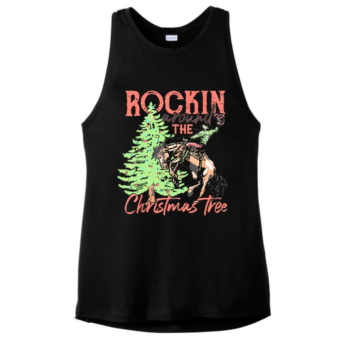 Rockin' Around The Christmas Tree Cowboy Santa Ride Horse Ladies Tri-Blend Wicking Tank