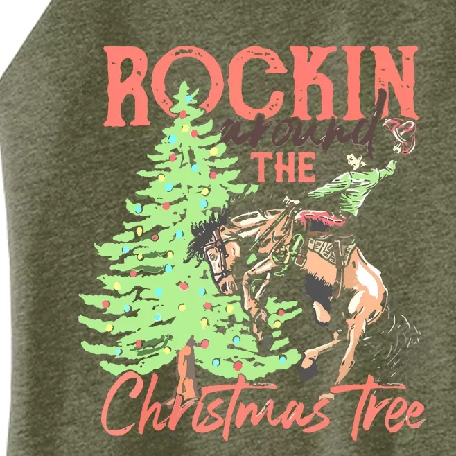 Rockin' Around The Christmas Tree Cowboy Santa Ride Horse Women’s Perfect Tri Rocker Tank