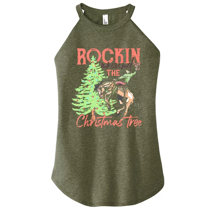 Rockin' Around The Christmas Tree Cowboy Santa Ride Horse Women’s Perfect Tri Rocker Tank