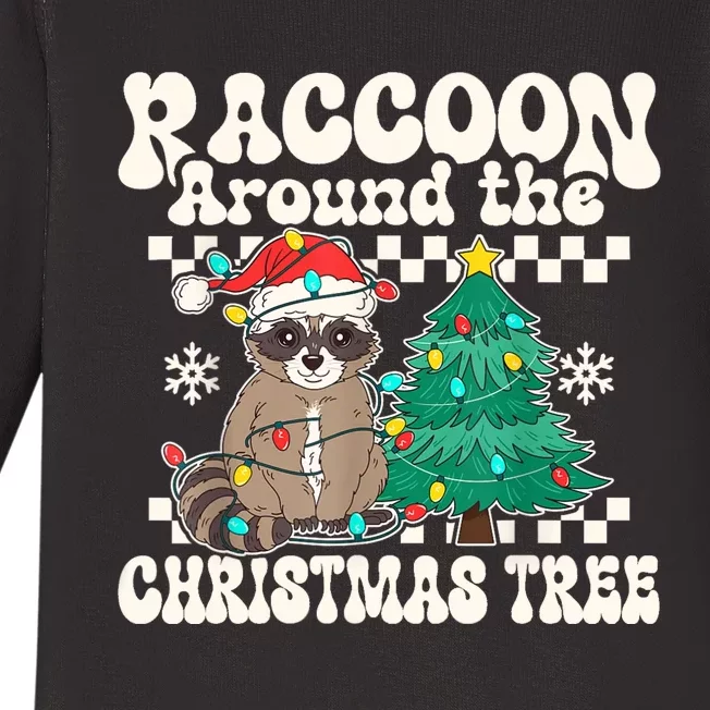 Raccoon Around The Christmas Tree Raccoon Lover Funny Baby Long Sleeve Bodysuit