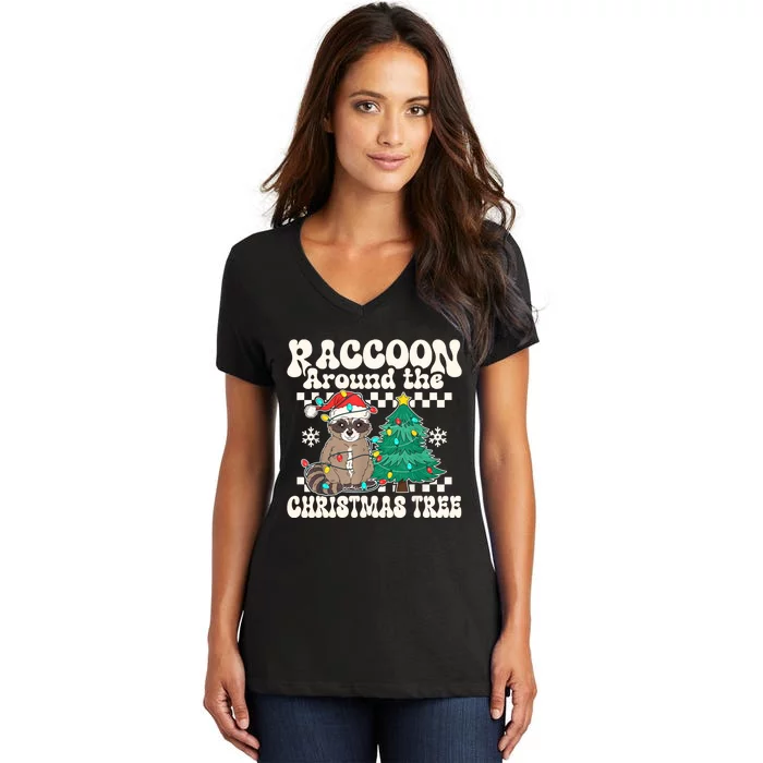 Raccoon Around The Christmas Tree Raccoon Lover Funny Women's V-Neck T-Shirt