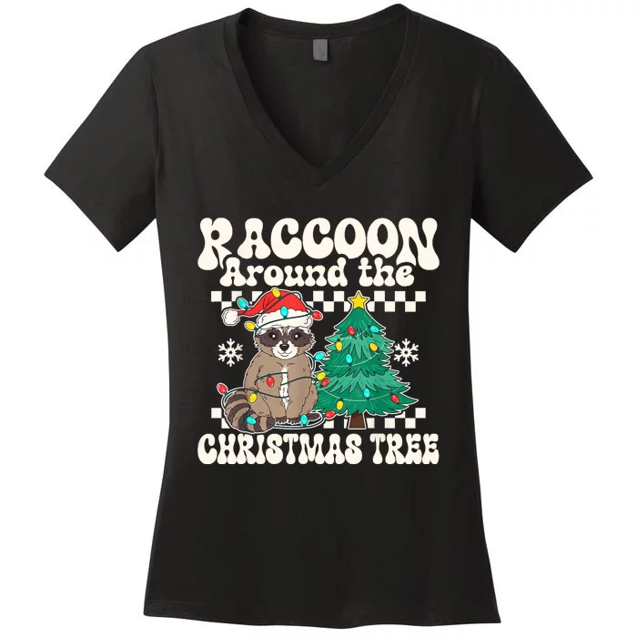 Raccoon Around The Christmas Tree Raccoon Lover Funny Women's V-Neck T-Shirt