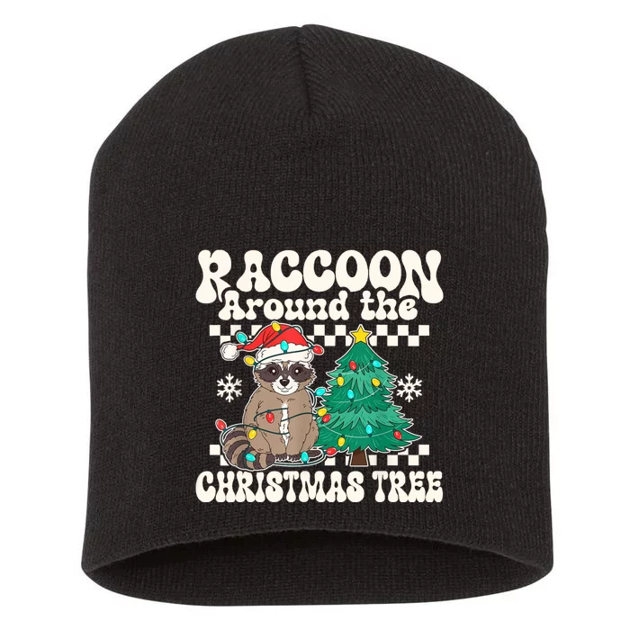 Raccoon Around The Christmas Tree Raccoon Lover Funny Short Acrylic Beanie